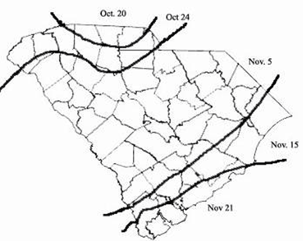 Map of South Carolina with freeze dates indicated for each zone.