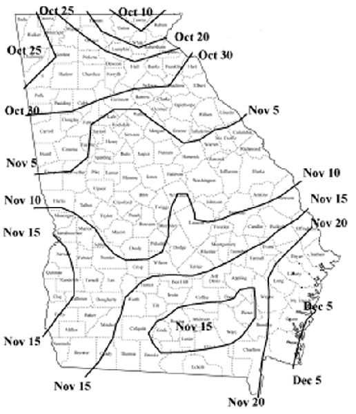 Map of Georgia with freeze dates indicated for each zone.