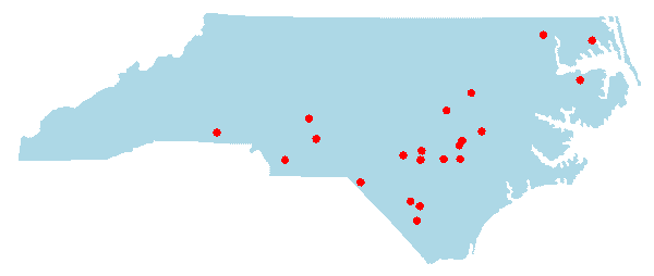 Locations in NC: sandhills, southern piedmont, and northeast.