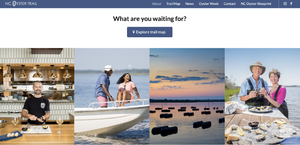 A screenshot of the NC Oyster Trail home page with photos of people participating in oyster tourism.