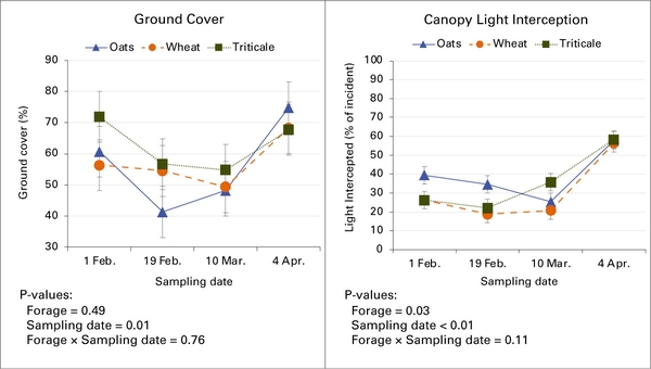 Graphs show variations in ground cover and light interception during the study but no differences at study conclusion.