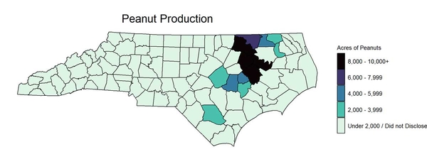 Map showing counties with peanut production in North Carolina.