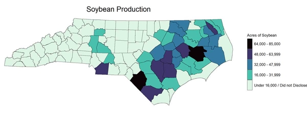 Map showing counties with soybean production in North Carolina.