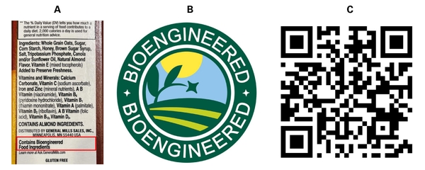 (A) Ingredients label indicating bioengineered food ingredients; (B) bioengineered graphic; (C) QR code.