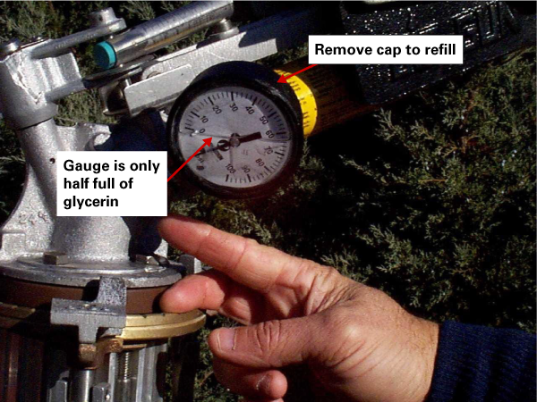 A pressure gauge that is only half full of glycerine with an arrow pointing to the cap.