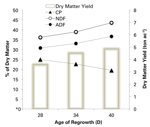 Graph showing alfalfa dry matter yield gains decreasing around day 34. Crude protein decreases between days 28 and 40, while acid and neutral detergent factors increase.