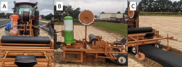 A: Tractor with fumigant and nitrogen gas tanks; B: side view of bed-shaper, plastic layer, fumigant tank, drill tape roll, and plastic mulch; C: this setup laying plastic mulch.
