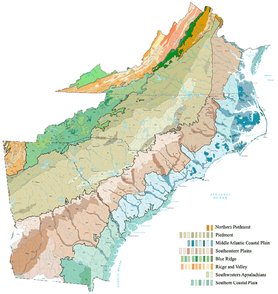 Map showing northern piedmont, piedmont, middle Atlantic coastal plain, southeastern plans, Blue Ridge, ridge and valley, southwestern Appalachians, and southern coastal plain.