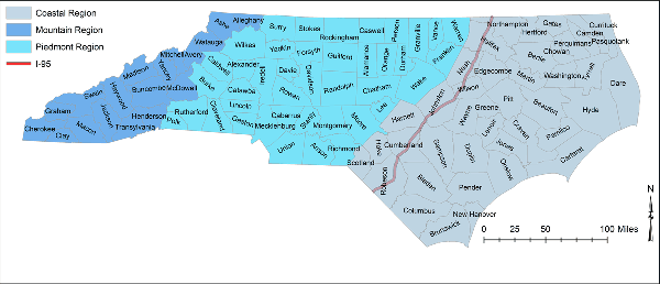 A county map of NC regions used for state wetland regulation.