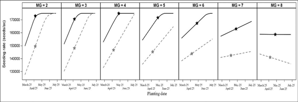 Graphs with seeding rate on y-axis, planting date on x-axis showing optimal yield and revenue for each MG.