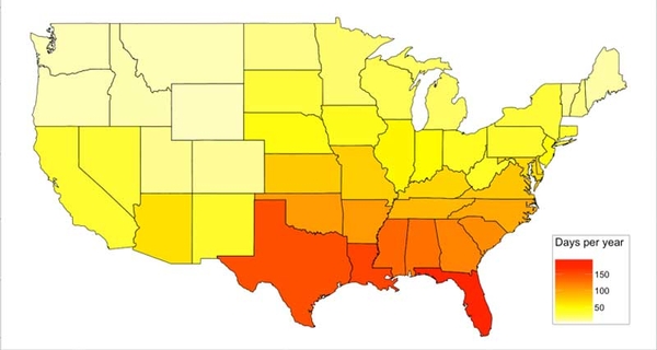 United States map showing approximate number of days per year when temperature-humidity index is above 72. The Southeast experiences about 100 to 150 days above THI 72 each year.