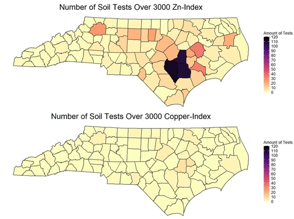 Maps showing counties that exceed copper and zinc thresholds, primarily in the southern coastal plain.