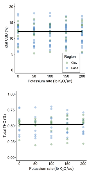 Charts show no effect of potassium rates on CBD and THC