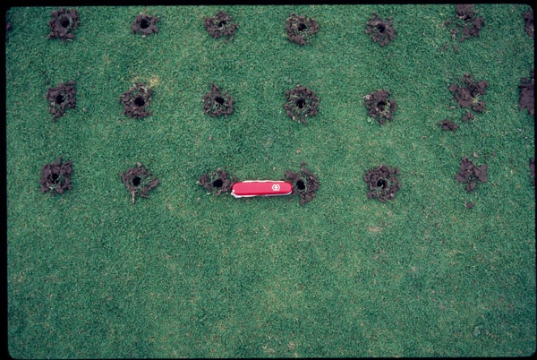 An overhead view of a grid of evenly spaced cores with a red multitool for scale.