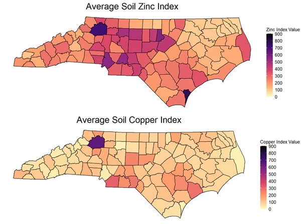 Maps showing average soil zinc and copper indexes primarily in the piedmond and southern coastal plain.