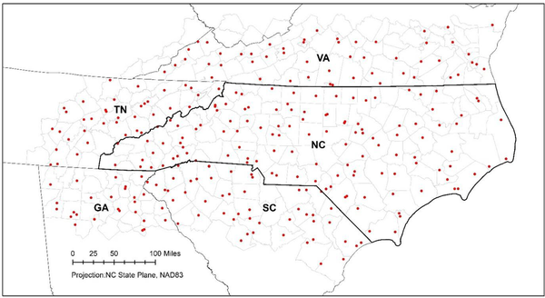 Map of NC and neighboring states showing weather stations distributed across the region.