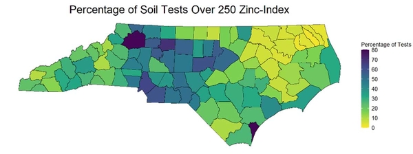 Map showing counties with higher percentages of soil tests with zinc index results above 250, primarily in the piedmont.