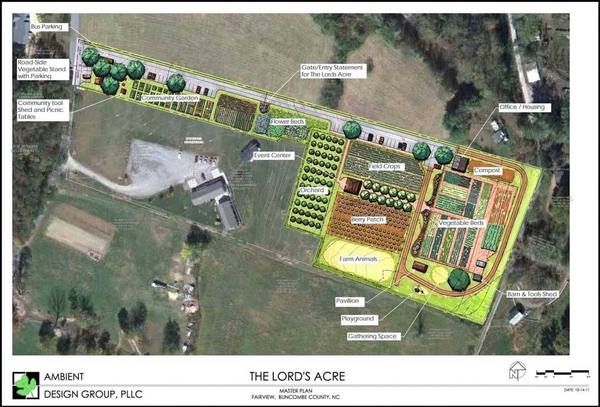 Satellite view of garden site with design blueprint inset into the photo.