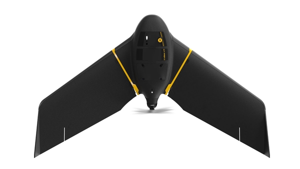 A fixed wing UAV with two wings and a sensor in center.