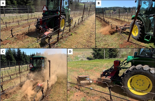 Different views of an under vine cultivator in use.