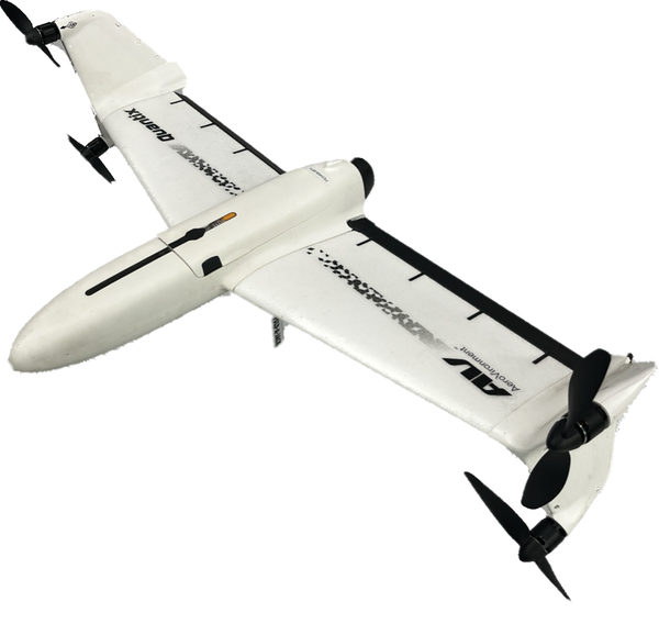 A hybrid UAV with two fixed wings containing two propellers each and integrated sensors.