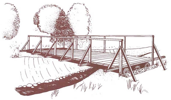 Illustration of a simple wooden footbridge with a railing spanning a narrow waterway.