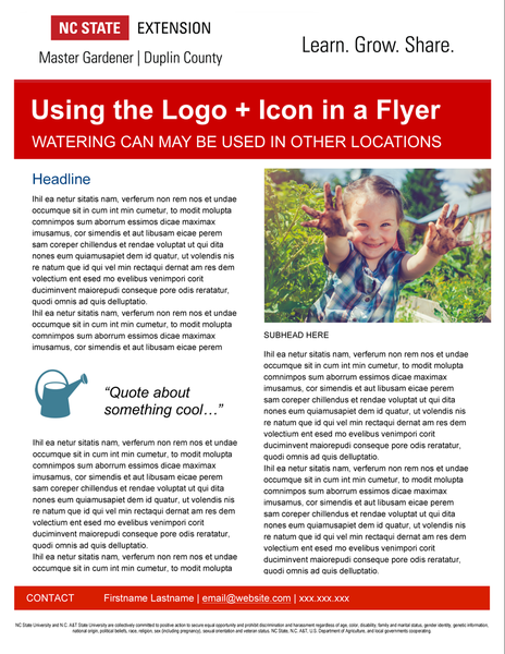 Logo in the upper left, tagline text in upper right and watering can icon separating paragraphs with a pull quote in a newsletter.