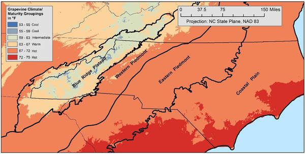 Map of NC and neighboring states showing grapevine climate/maturity grouping temperatures in NC’s four physiographic regions.