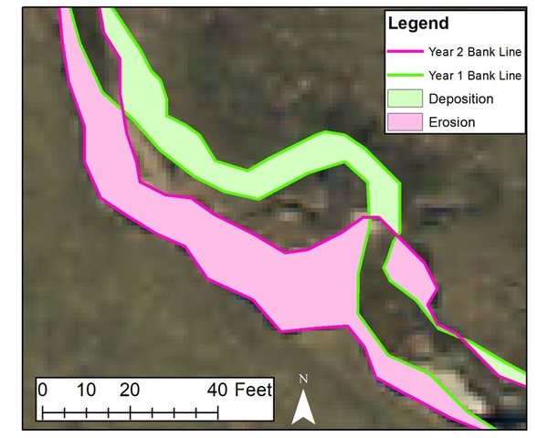 ArcGIS map showing an example where there is no overlap between the stream channel in 2007 and in 2019. The stream has created a new channel.