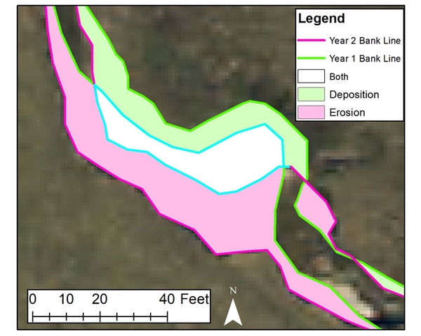 ArcGIS map showing the creation of a polygon representing the area of erosion and deposition between the 2007 and 2019 channels.