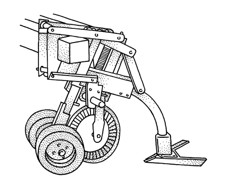High-residue cultivator with a toolbar, parallel linkage, round, curved shank, one-piece blade unit, undercutting sweep, residue-cutting coulter, and dual gauge wheels.