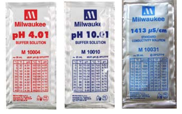 3 packets labeled pH 4.01, pH 10.01, and 1413 µS/cm