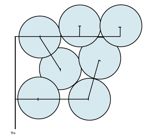 Illustration of an irregular sprinkler pattern sometimes fitted to an odd-shaped field. This existing system has seven irregularly spaced model 100 guns