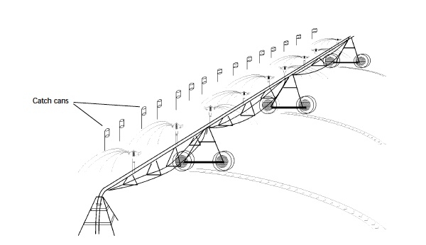 Illustration of collection cans on stakes lined up near irrigation system.