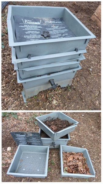 Top shows compost system trays stacked, bottom shows compost system trays separated with different stages of compost in them.