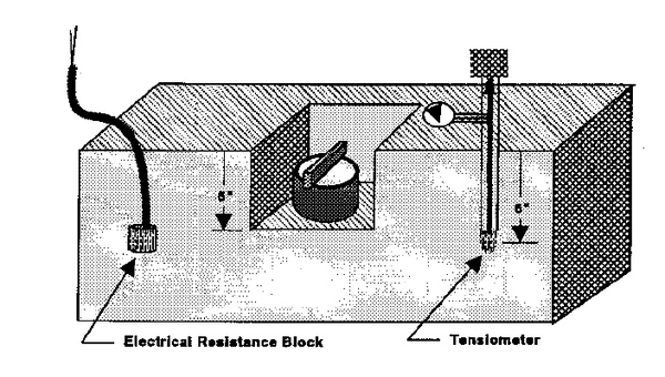 Illustration shows electrical resistance block and tensiometer