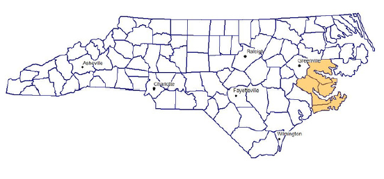 Map of North Carolina with highlighted central eastern area