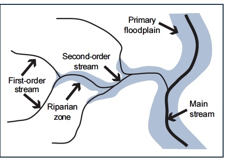 Illustration shows main stream, primary floodplain, second-order stream, riparian zone, and first-order stream