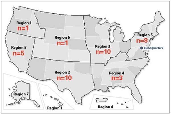 Map of United States divided into regions.