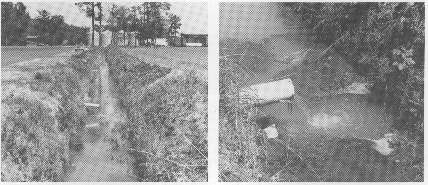 Two photographs of an outlet pipe, one shows entire ditch and one is close-up view of pipe draining into ditch