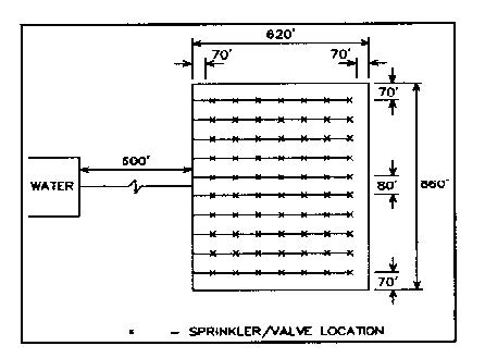 Schematic shows sprinkler/valve locations and spacing and water supply location