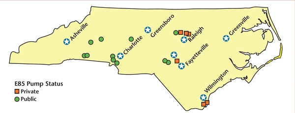 Map of North Carolina showing the location of 6 private Ethanol pumps in Raleigh, Fayetteville, and Wilmington, and 14 public ethanol pumps