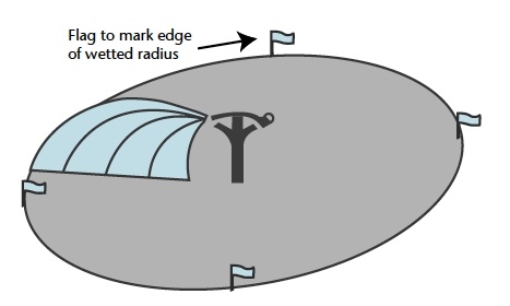 Illustration of single sprinkler with 4 flags along perimeter of wetted area