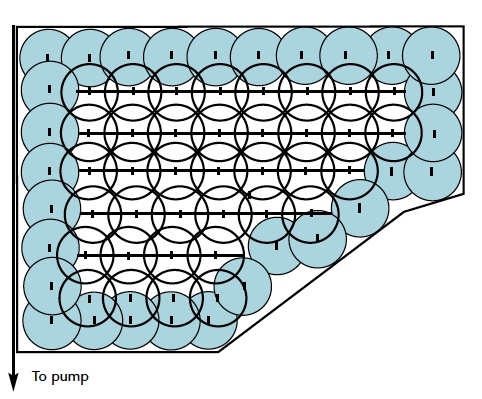 a typical lateral and sprinkler pattern for a stationary sprinkler system. This existing system has eight laterals of varying length laid out in the field.