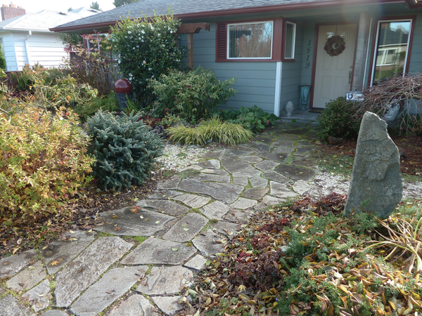 Garden in front yard with stone path to front door