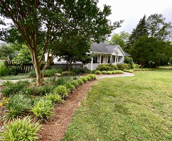 lawn and landscaped area leading up to a house.