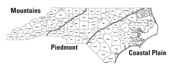 North Carolina map divided by mountains, piedmont and coast