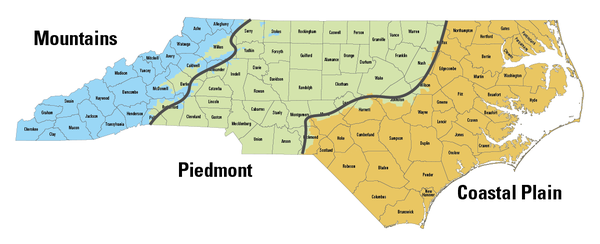 A map showing the three physiographic regions of North Carolina