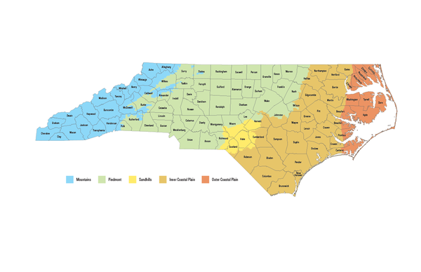 Map of North Carolina that identifies three major physiographic