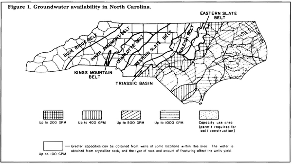 Map of NC with shading for different GPM and labels for blue ridge belt, inner piedmont belt, kings mountain belt, charlotte belt, western slate belt, triassic basin, raleigh,etc.